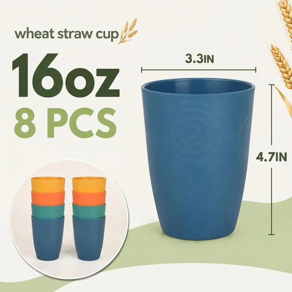 16oz Wheat Straw Cups Set of 8 Reusable Unbreakable Dishwasher Safe Multicolor